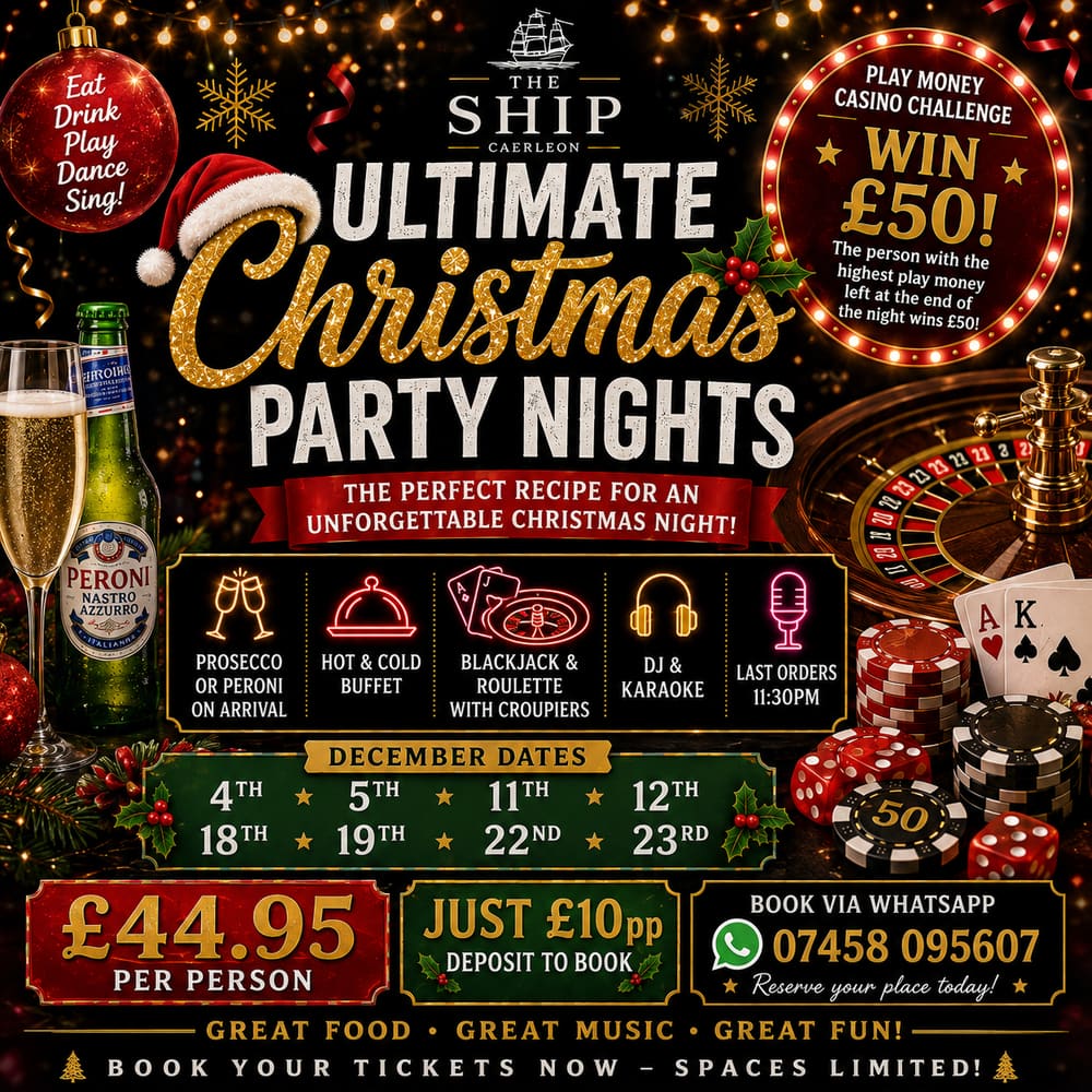 The Ultimate Christmas Party Nights poster: Prosecco or Peroni on arrival, hot and cold buffet, blackjack and roulette, DJ and karaoke, December dates, £44.95 per person