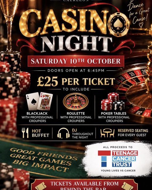 The pub’s poster for the casino night on Saturday 10 October, with tickets at £25 and all proceeds to Teenage Cancer Trust